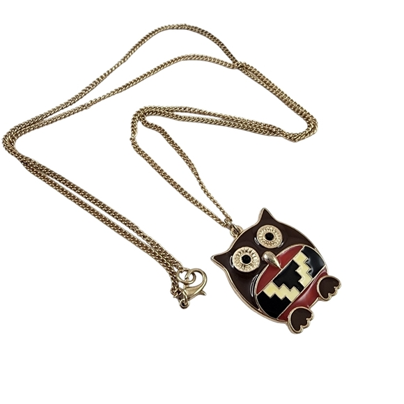 Y2K Owl Pendant Necklace brown red cream enamel - Picture 3 of 6